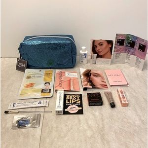 Blue glitzy makeup bag with samples